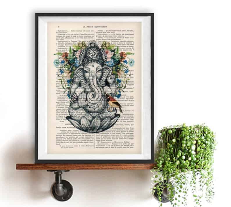 Retro Ganesha Bird Botanical Flowers Yoga Poster