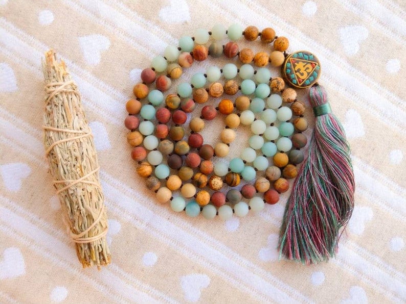 108 Matte Beads Mala Necklace, 8 MM Matte Amazonite and Red Turquoise Hand Knotted Japa Mala, Yoga Gift