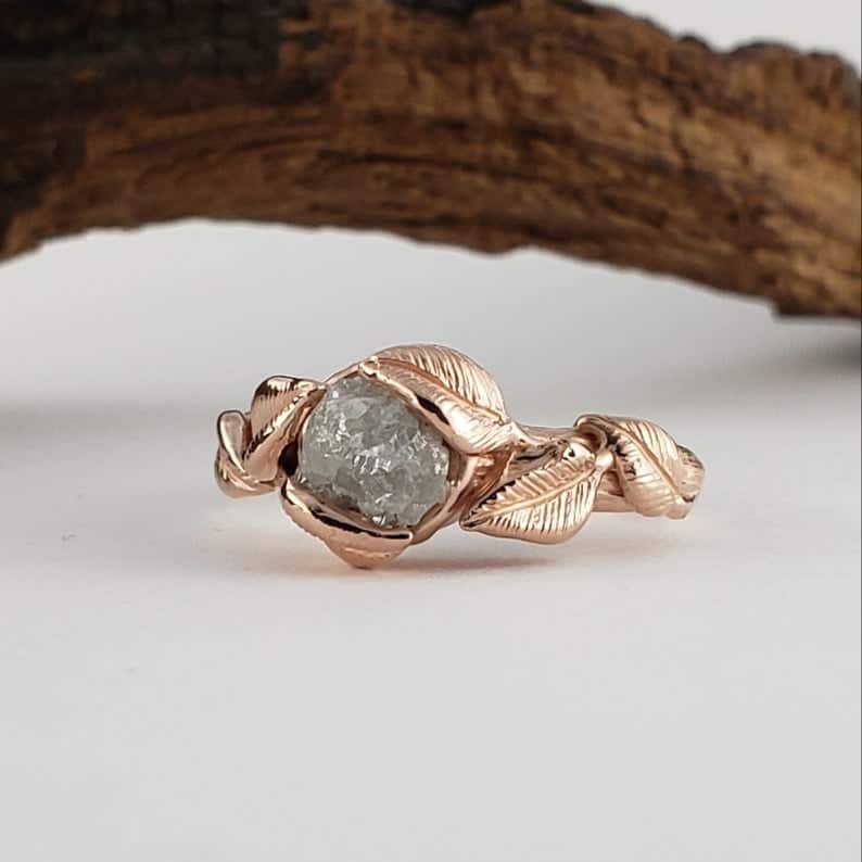 Nature Inpired Engagement Rings 14k Gold Six Leaf Rough Diamond Twig Solitaire Engagement Ring, Promise Ring by Dawn Vertrees