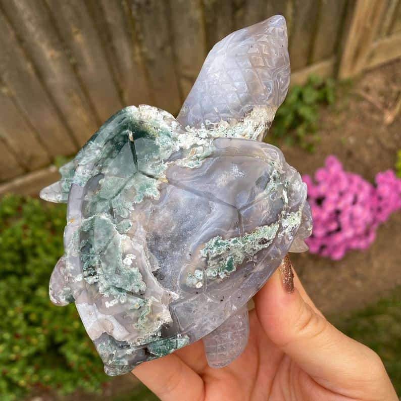 Amazing Druzy Moss Agate Sea Turtle, Metaphysical Decor, Turtle Statue