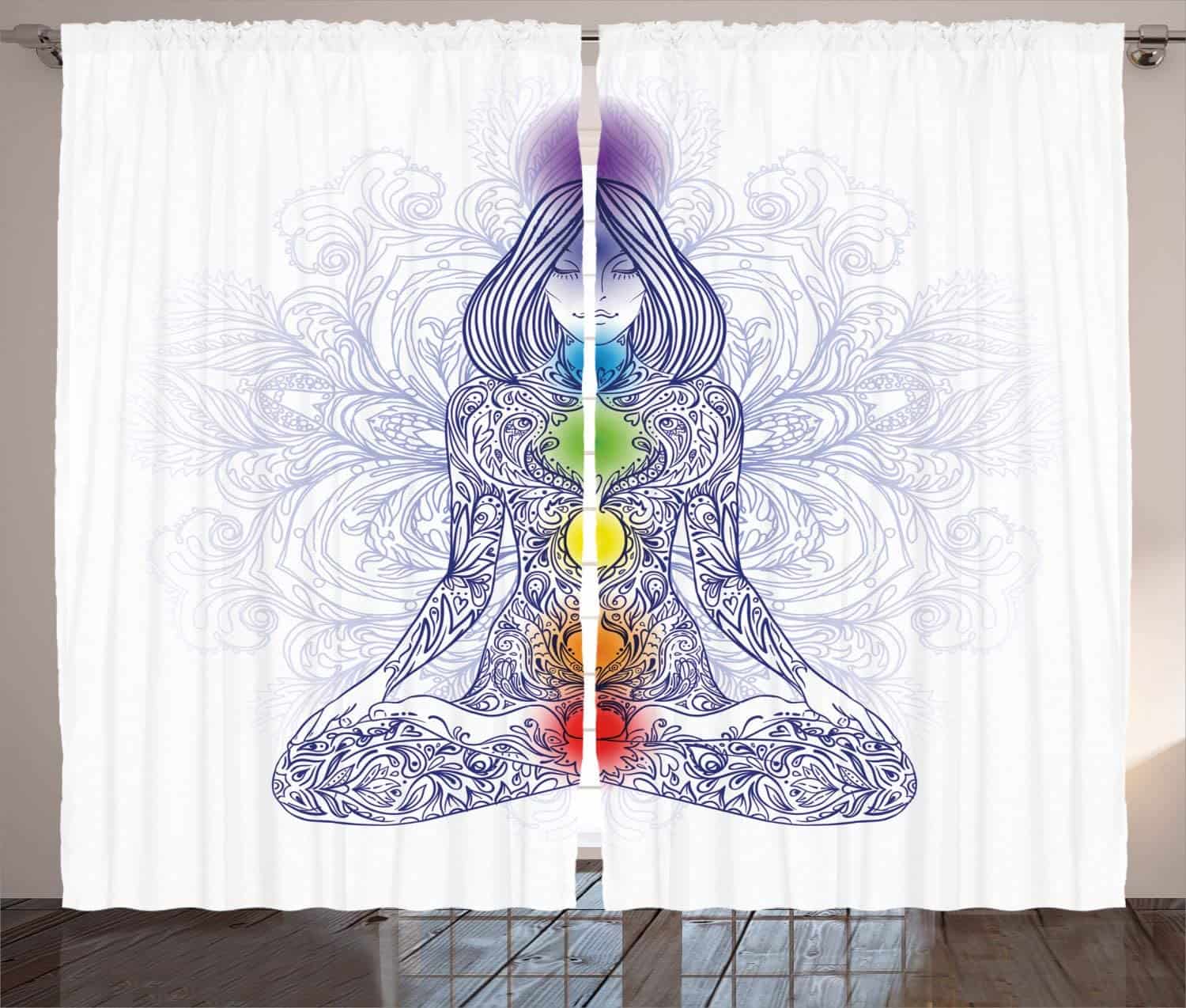 Ambesonne Chakra Curtains, Meditating Woman in Lotus Pose with Chakra Spots in Body Hidden Peace Print
