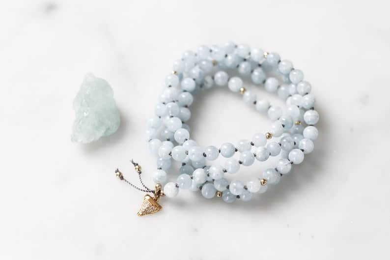 Artisan Jewelry quamarine Mala Pendant Necklace TRANQUILITY 108 mala beads necklace, crystal necklace, aquamarine gemstone, yoga gift for her, diamonds