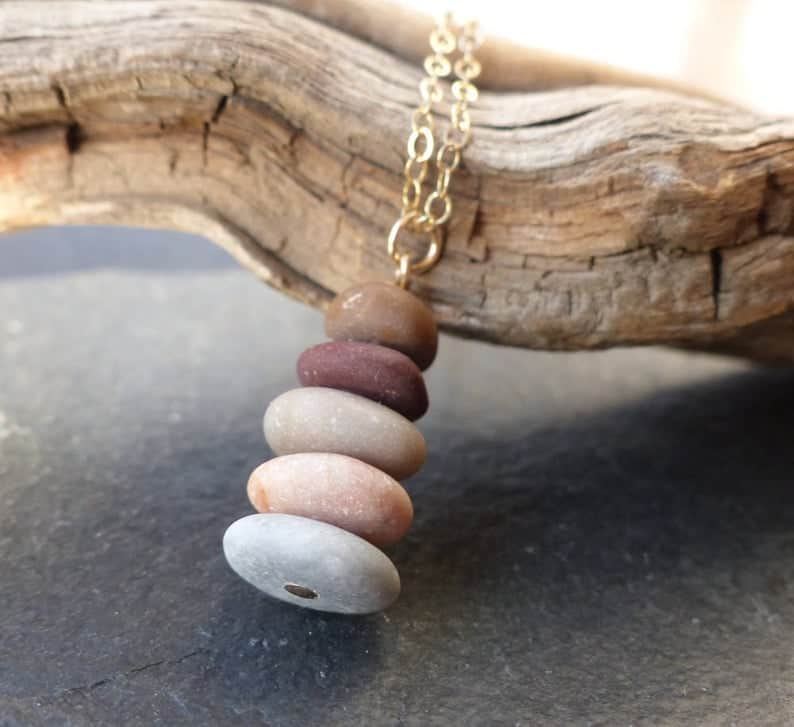 Beach stone necklace, sterling silver, gold, natural stone necklace, beach pebble pendant, cairn necklace, boho jewelry, nature jewelry