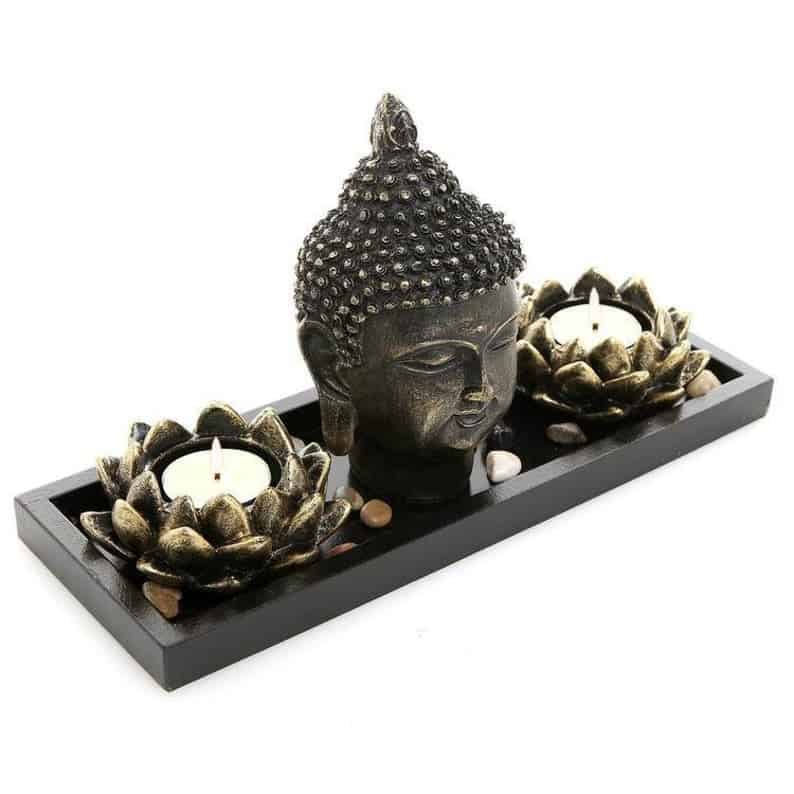 Bestselling gift ideas for men and women Buddha Head Sculpture Zen Garden Set w- Lotus Candle Holders & Wooden Tray