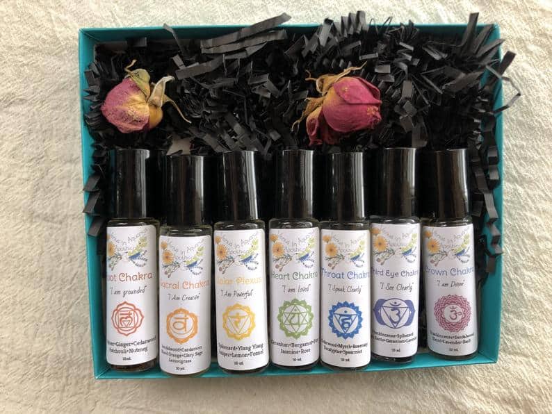 CHAKRA ANOINTING OILS~100% Organic Essential Oil+Herbal+Gem infused blends intended to balance your energy centers. Set of 7.