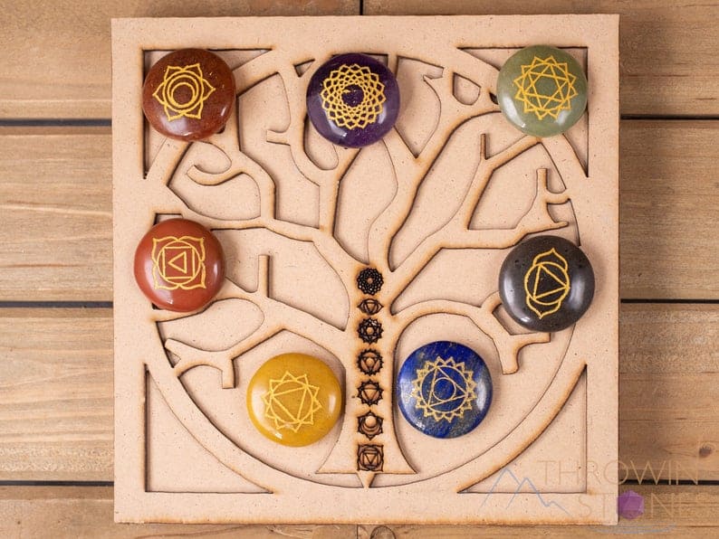 CHAKRA Crystals with Crystal Grid Wooden Box - Tree of Life - Metaphysical Reiki Healing Crystals, Self Care Kit Crystal Set E1753