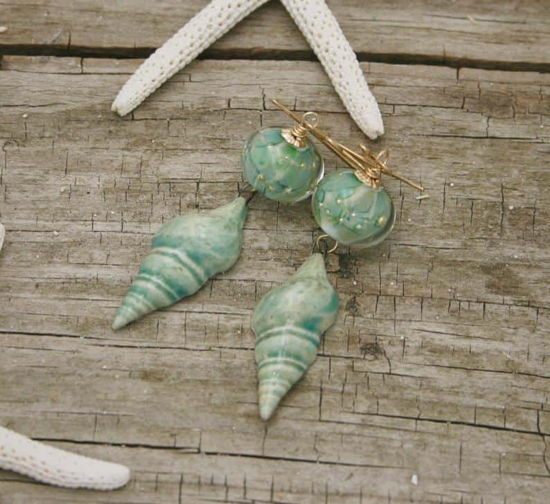 Ceramic Shell and Lampwork Glass Earrings, handmade mint green and celadon, beach earrings, nautical earrings