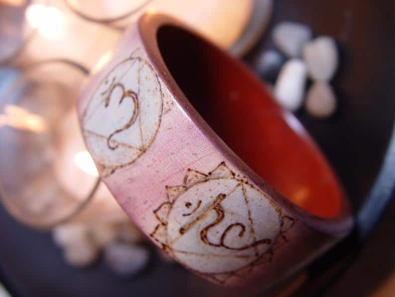 Chakra Symbols Wood Burned Bracelet