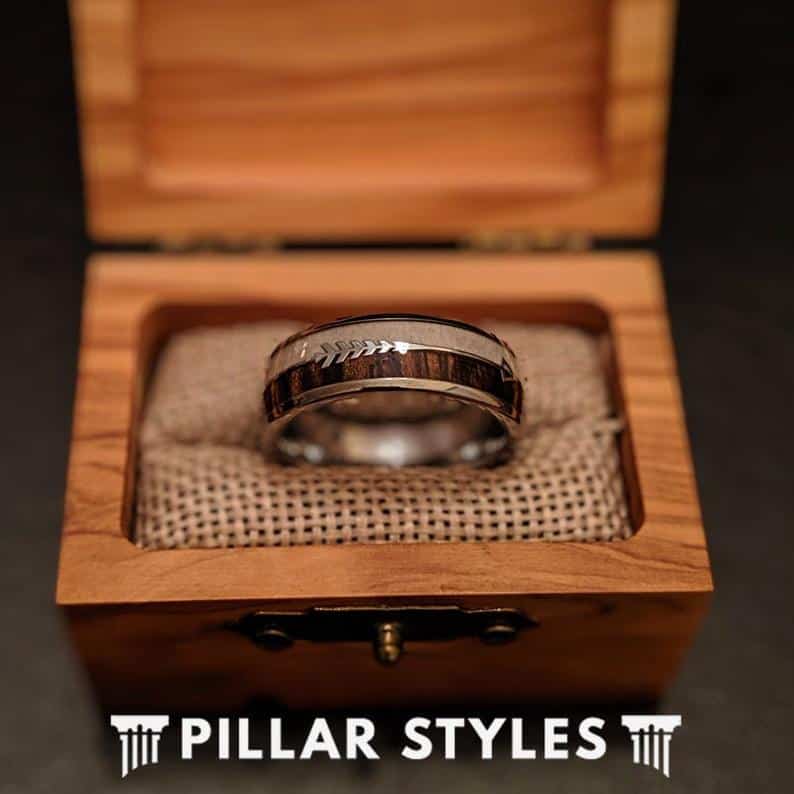 Deer Antler Ring with Arrow Inlay Zebra Wood Ring Mens Wedding Band - Tungsten Wedding Band Mens Ring - Unique Mens Ring Nature Ring