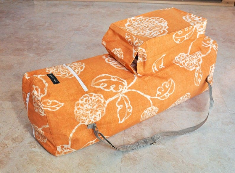 Extra large yoga mat bag, Orange and white yoga bag with pockets, Zippered yoga tote bag with block pocket, Floral yoga mat carrier for her