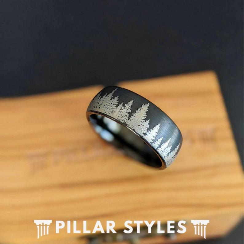 Forest Etched Black Tungsten Ring Mens Wedding Band Tree Ring - 8mm Unique Wedding Band Mens Ring - Nature Wedding Rings for Men Wood Ring