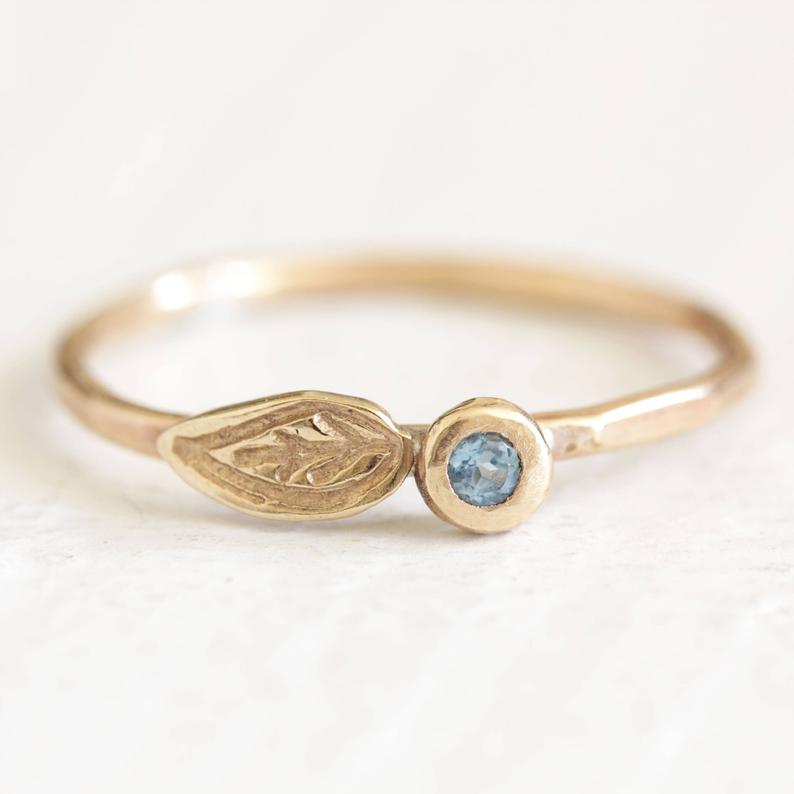 Gold petal leaf pebble ring with Swiss Blue Topaz Natued Inspired Handmade Rings