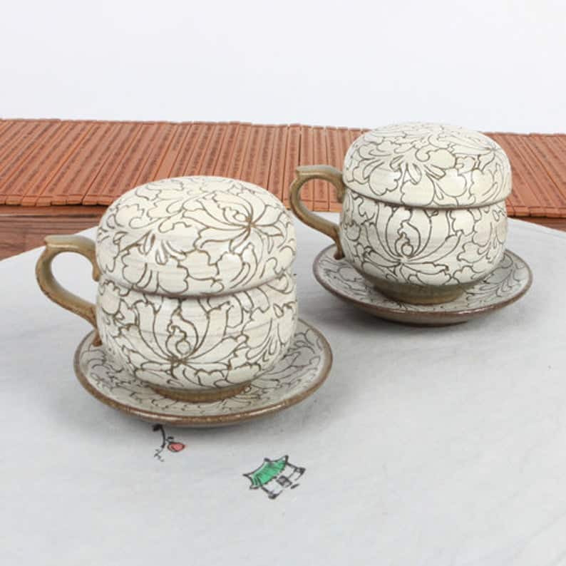 Handmade Korean Buncheong Tea Set for 2 with Peony Flower Patterns Inlay, Infuser, Strainer, Gong Fu Cha, Ceramic, Tea Ceremony