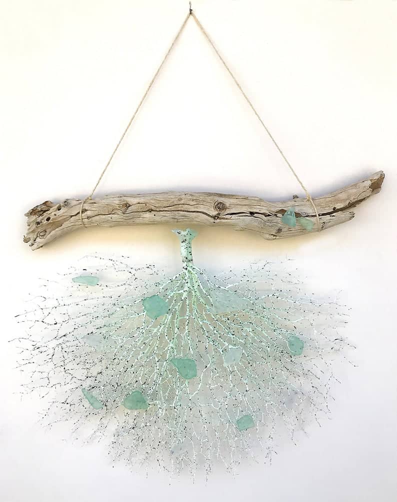 Handmade Sea Glass Wall Hanging, Sea glass wall Decor, Sea Fan Wall Art, Sea Fan Decor, Coral wall decor, Beach Wall Decor, Driftwood Decor