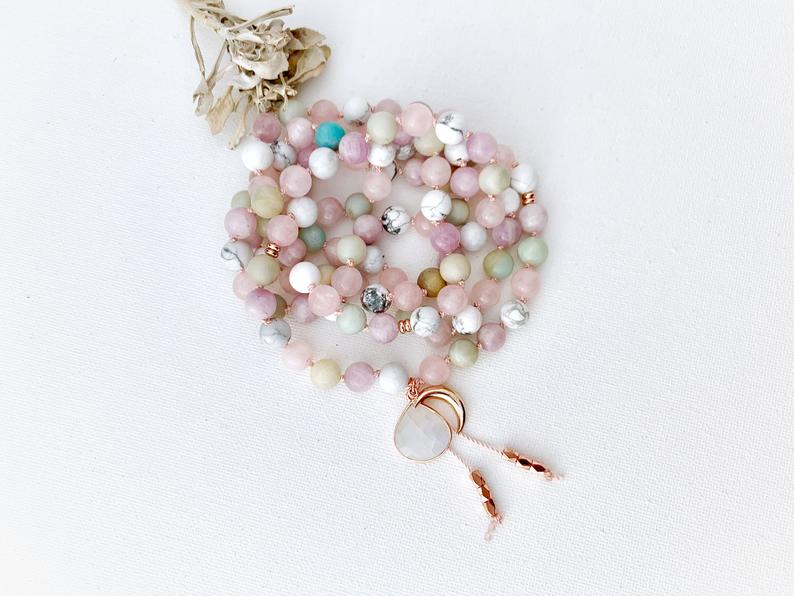 Nature Inspired Handmade Necklace - Healing Moon Goddess Mala Necklace with Moonstone Howlite Rose Quartz Amazonite Kunzite Mala Beads, 108 Mala Prayer Beads, Yoga Gift