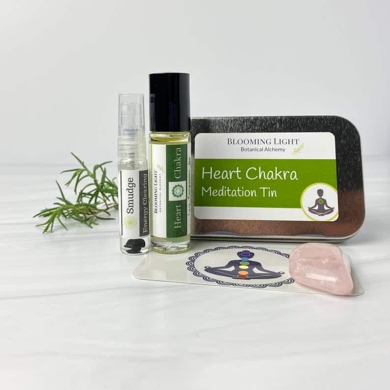 Heart Chakra Kit, a chakra crystal set with crystal infused liquid smudge to help with empath protection, stress relief, and chakra healing