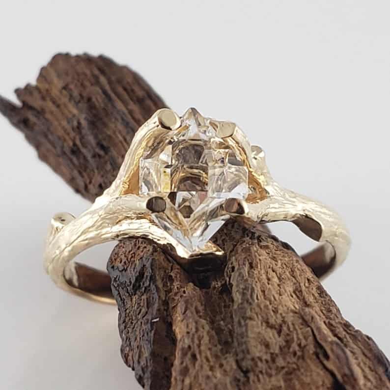 Herkimer Crystal Diamond in 14k Yellow Gold Twig Engagement Ring by Dawn Nature Inpsied Engagement Rings