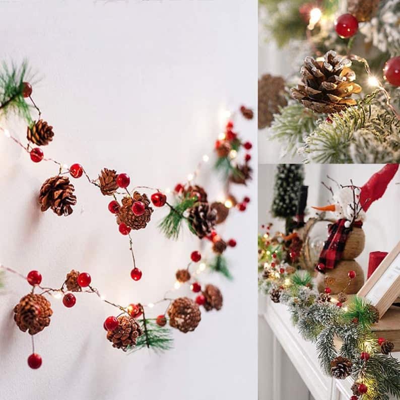 Holiday Pinecone Red Berry Twig String Lights