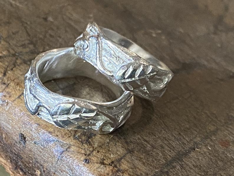 Leaf Wedding Ring Bridal Set, Leaf and Vine Wedding Band Ring, Nature Botany Handmade Silver, White gold, gold, rose gold Band