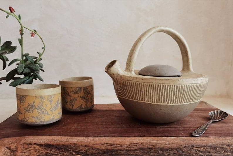 Light Brown Ceramic Teapot Set, Handmade Tea Cups Set, Teapot Set For Tea lovers, Modern Teapot Set