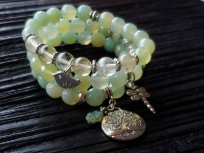 Light Green Seafoam Agate Bead Bird Dragon Fly Tree of Life Charm 3 Stack Bracelet