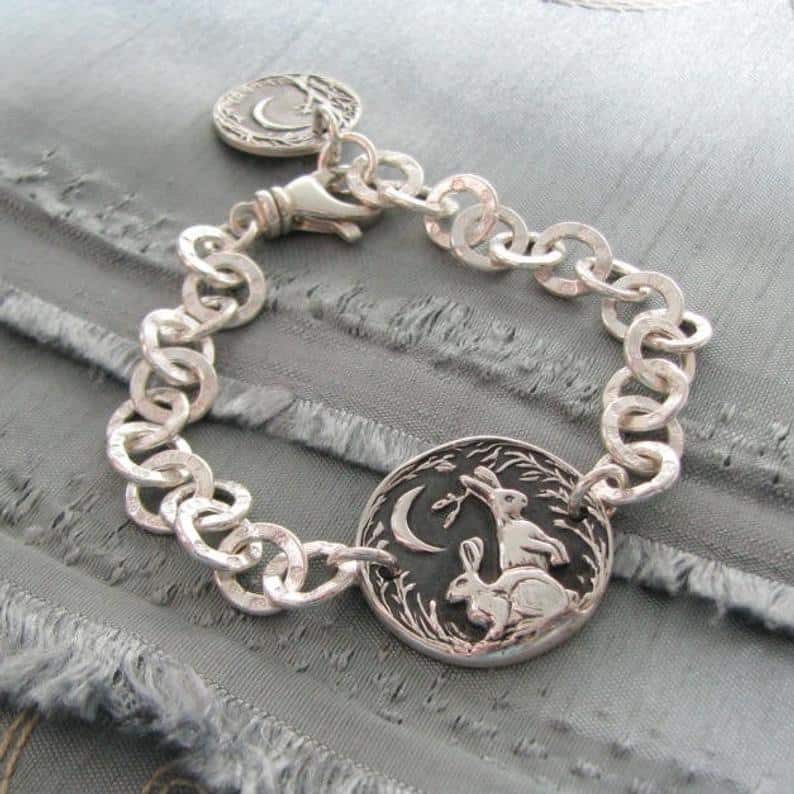 Listen to the Moon Bracelet, Personalized Fine Silver Rabbit Bracelet, Hares, Handmade in Recycled Silver, Original Carving, by SilverWishes Nature Bracelets