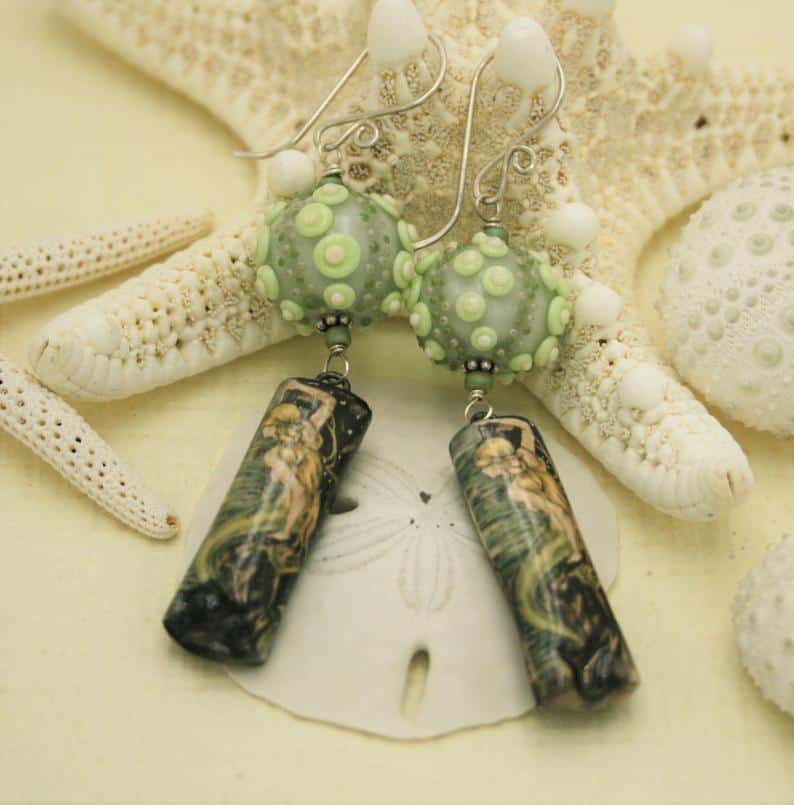 MERMAIDS and Urchins Mermaid Print Earrings, Lampwork Urchin Earring, Art Jewelry, Gift for Beach Lover, Beach Earrings, Art Nouveau