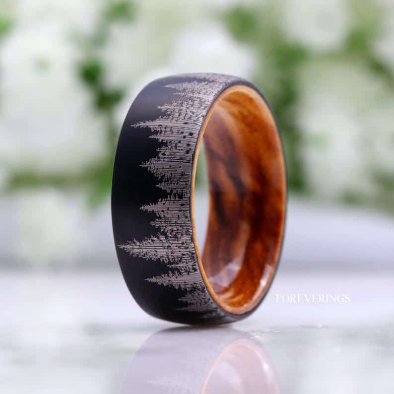 Mens Tungsten Wedding Band, 8mm 6mm Band, Olive Wood Ring, Forest Trees Band, Black, Brushed, Nature Landscape Ring, Comfort Fit, Dome