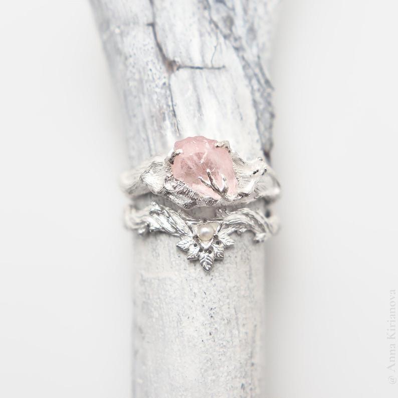 Morganite Engagement Ring Set, Nature Inspired Raw Stone Ring with Leaves, Tree Branches and Pearls; Uncut Pink Gemstone