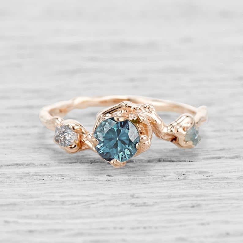 Naples Trio Teal Montana Sapphire Engagement Ring -Nature Inspired Engagement Ring Nature Inspired Engagement Rings