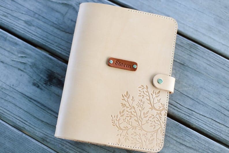 Personalized A5 Leather Organizer Agenda, Travel journal binder, Notebook, Diary, Journal, planner, White Floral Tree, Custom name initials bestselling gift idea for women