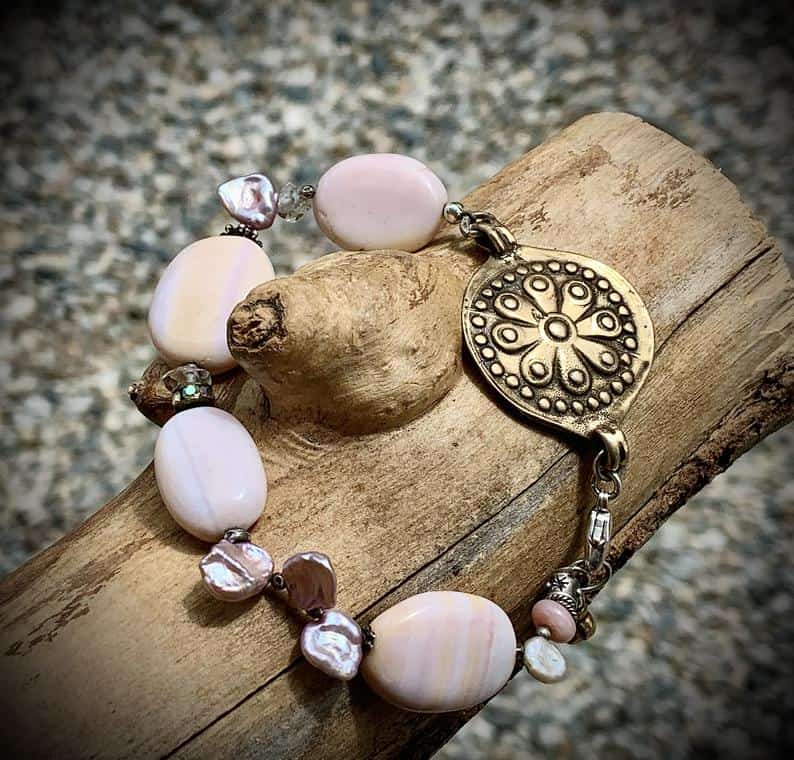 Pink Opal Bronze Medallion Bracelet