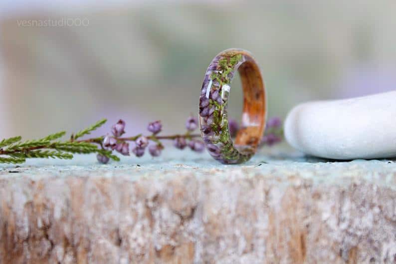 REAL Heather Flower resin ring Birch bark ring Pressed flower wood ring Nature resin ring Pink ring Rustic ring Eco Friendly Forest Jewelry