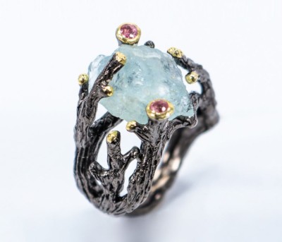 Raw aquamarine ring for women, Blue rough stone gemstone black silver March birthstone