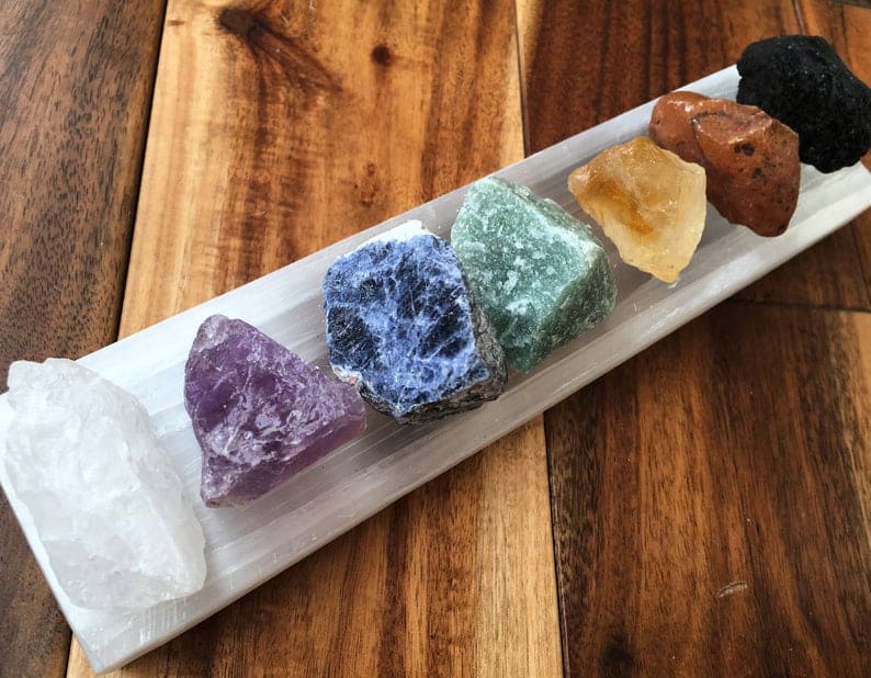 Bestselling gift idea Raw crystal 7 chakra set with selenite plate - chakra set - chakra stones