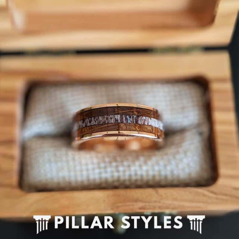 Rose Gold Ring Tungsten Whiskey Barrel Ring Mens Wedding Band Antler Ring - Bourbon Wood Ring Mens Ring Rose Gold Wedding Band Tungsten Ring