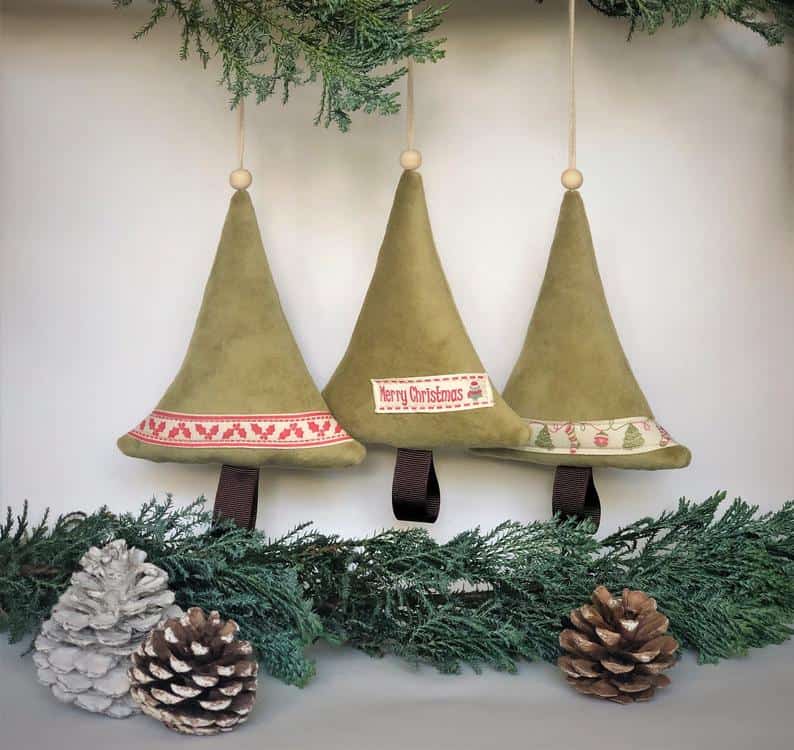 Set of 3 Green Velvet Fabric Hanging Christmas Tree Decorations