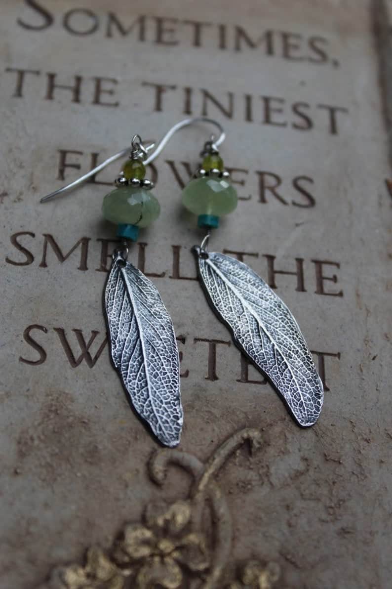 Silver Leaf Earrings, Sterling Silver Botanical Earrings, Sage Leaf Earrings, Prehnite Earrings, Turquoise Earrings