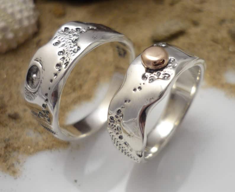 Silver and gold dot wedding rings for his and hers, wedding rings for men and women, set of wedding rings, nature inspired, nautical ring
