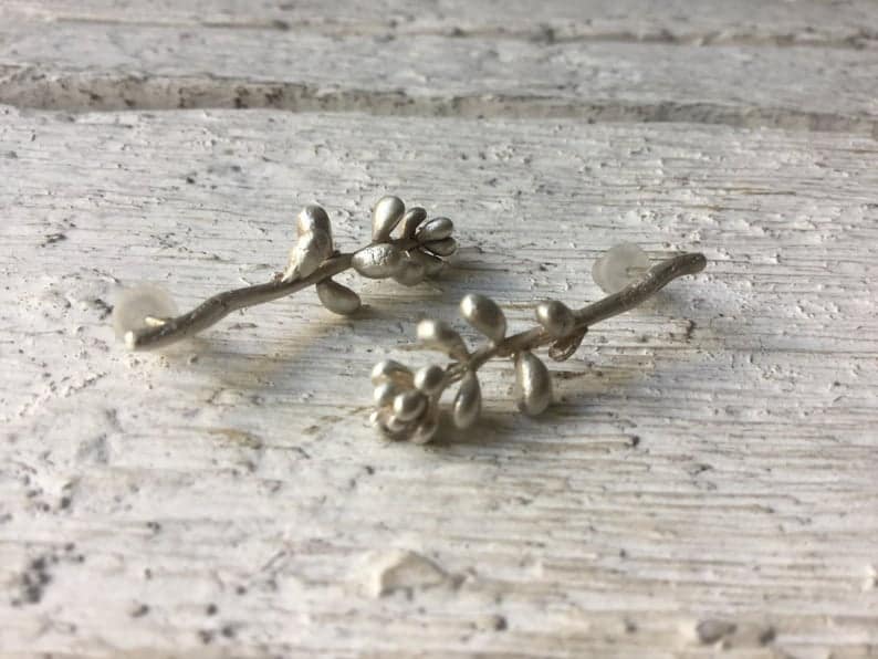 Silver plant earrings, Botanical earrings, Succulent jewelry ,Long stud earrings , Nature jewelry , Organic earrings, Gift