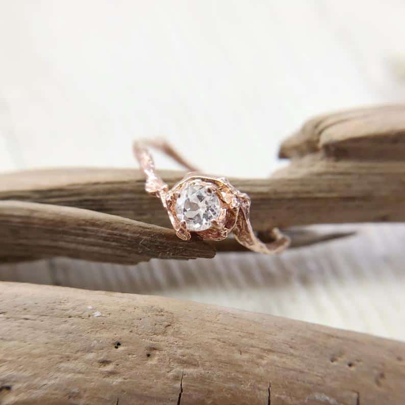 Small Naples Solitaire Ring with White Sapphire, Nature Inspired Engagement Rings