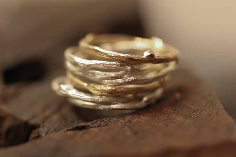 Stack of Twig Rings Sterling and 14k Y Gold