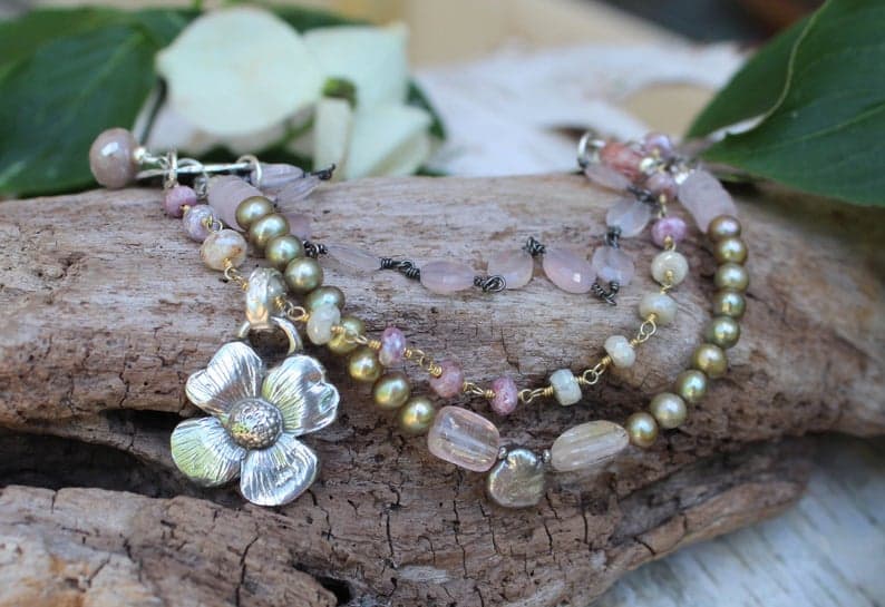 Sterling Silver Dogwood Blossom Bracelet, Multi Strand Bracelet, Rose Quartz Bracelet, Freshwater Pearl Bracelet