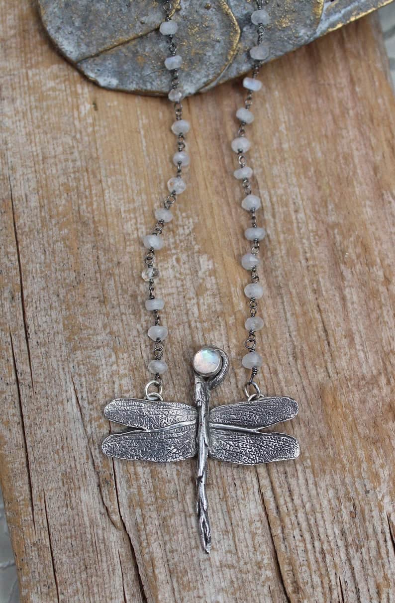 Sterling Silver Dragonfly Necklace, Rainbow Moonstone Necklace, Artisan Necklace, Gemstone Necklace
