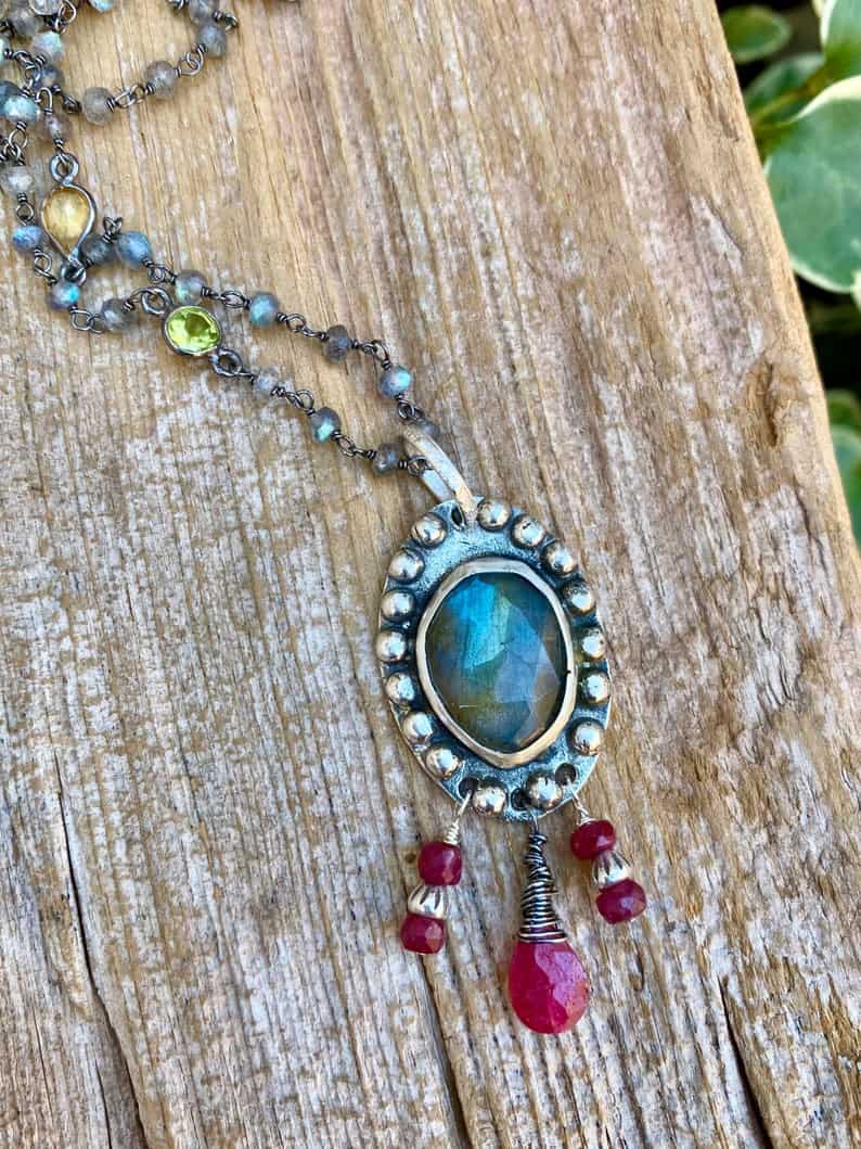 Sterling Silver Labradorite and Ruby Necklace, Gemstone Necklace, Labradorite Necklace, Artisan Necklace