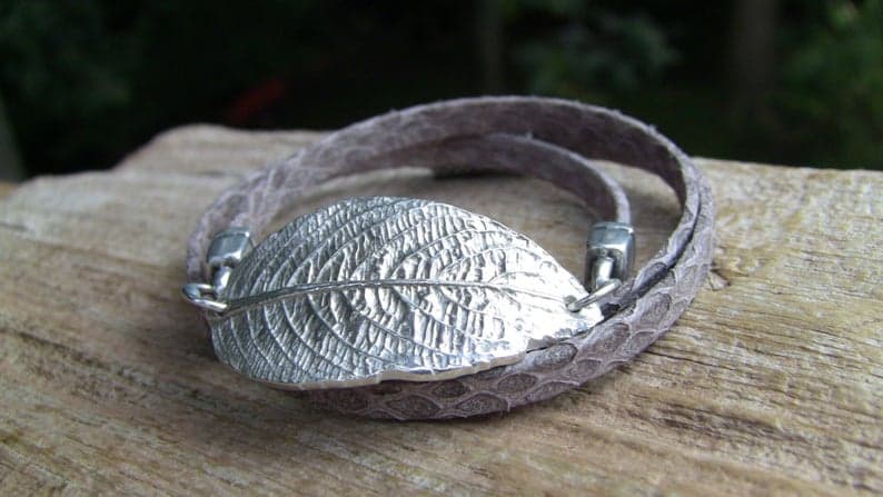 Sterling Silver Leaf Bracelet, Leather Wrap Bracelet, Leaf Wrap Bracelet, Coleus Leaf Bracelet, Boho Bracelet