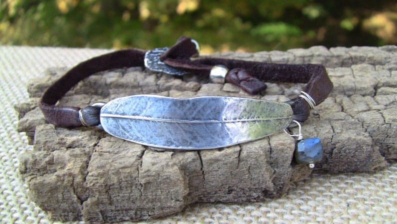 Sterling Silver Leaf Bracelet, Wrap Bracelet, Silver Leaf Bracelet, Leather Wrap Bracelet, Willow Leaf Bracelet