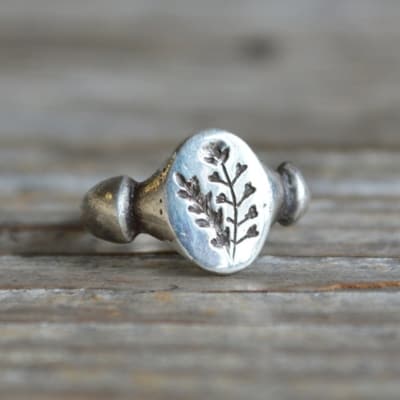 Sterling Silver Shepherd's Purse Botanical Ring, Plant Jewelry, Engraved with Honey Bee Secret, Recycled, by Peg and Awl