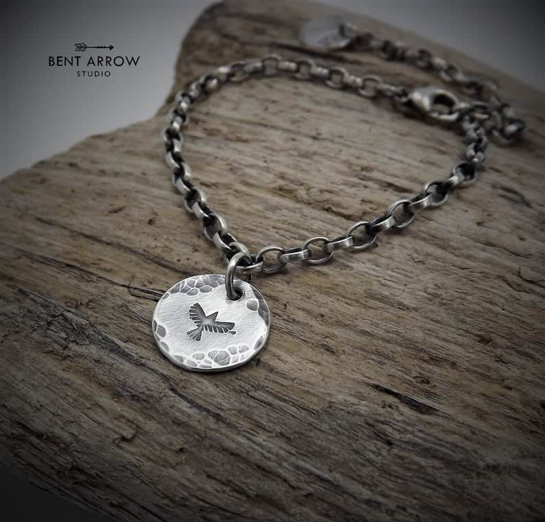 Sterling Silver Stamped Crow Charm Bracelet, Raven Bracelet, Dangle & Drop Bracelet, Corvid, Hammered, Bird, Nature Inspired, Simple Charm