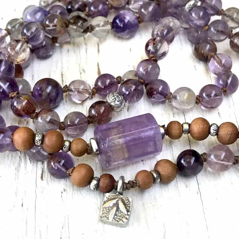 Super Seven Auralite Mala Bracelet - MASTER HEALER - Ametrine, Sandalwood & Charoite Mala beads for spiritual enlightenment